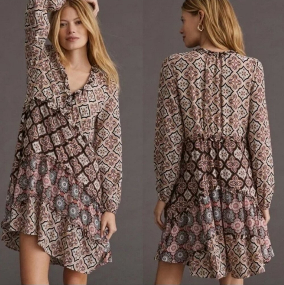 Anthropologie Boho Brown and Cream Bishop Tiered Mini Dress Size S NWOT